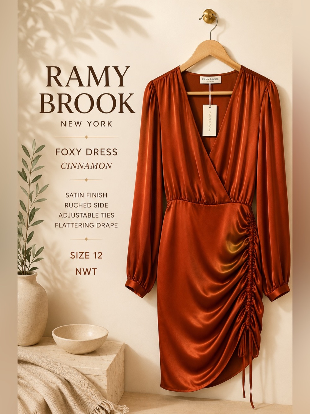 Ramy Brook Foxy Ruched Satin Dress Cinnamon Size 12